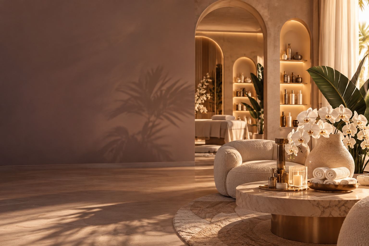 Le salon Aura : alcôves éclairées, fauteuil crème et orchidées blanches